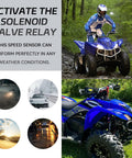 Rock Solid And Built Tough Heavy Duty 30A Starter Solenoid Relay Straight Plug In Swap Compatible With Yamaha Atv Yfm 350 400 450 660 Raptor Rhino Grizzly Kodiak on blue ATV in muddy terrain.