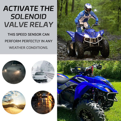 Rock Solid And Built Tough Heavy Duty 30A Starter Solenoid Relay Straight Plug In Swap Compatible With Yamaha Atv Yfm 350 400 450 660 Raptor Rhino Grizzly Kodiak on blue ATV in muddy terrain.