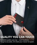 Person placing Slim Money Clip Wallet For Men RFID Blocking 11 Card Pockets Minimalist Leather Bifold Front Pocket With ID Window into suit pocket.
