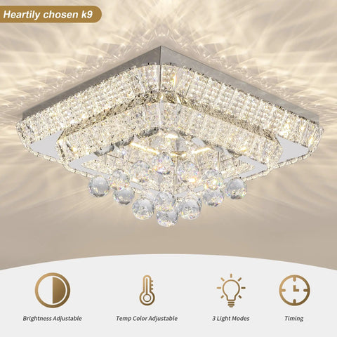 20 Inch Crystal Ceiling Light Flush Mount with Remote Control, square design, K9 crystal, stainless steel, modern chandelier