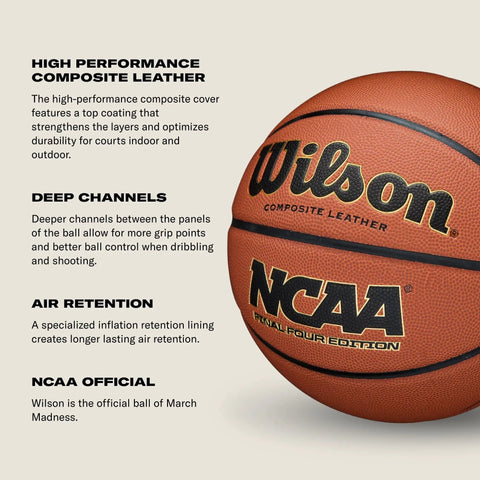 NCAA Final Four Edition Basketball Official Size 29.5 Inch With High Definition Pebble Grip and deep channels shown on side view.