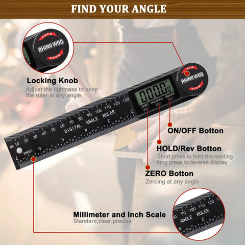 Handy Angle Finder Protractor With 7 Inch Ruler For Woodworking Carpentry And Construction DIY Friendly Readout With Buttons and Scale