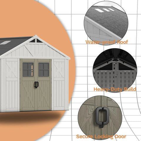 10x12 Ft Resin Outdoor Storage Shed With Floor Large Plastic Garden Shed With Windows And Lockable Door