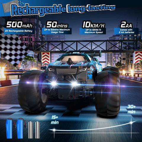 All Terrain Remote Control Car For Kids And Beginners 1:20 Scale Dual Motor RC Truck with LED Lights on a racing track at night