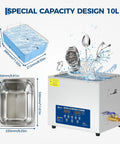 Serious Muscle 10 Liter Ultrasonic Cleaner featuring 40kHz frequency with stainless steel tank and blue basket holding jewelry and glassware.