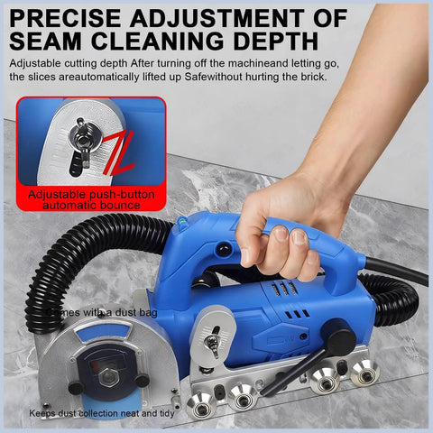 Handheld Electric Grout Cleaner with dust free design shown with ergonomic grip and adjustable depth feature for tile gap cleaning.