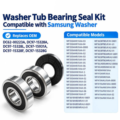 Heavy Duty Washer Tub Bearing And Seal Repair Kit For Front Load Machines compatible with numerous Samsung models, showcasing bearings.