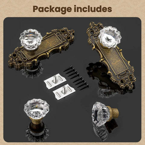 Package contents of Antique Bronze Dummy Door Knobs Two Pack with Crystal Glass Interior Handles shown with components