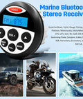 Deck Certified Marine Stereo Receiver With Bluetooth And Ip66 Waterproof Build Crank Up Your Jam With 180 Watt Max Amp Am Fm Tuner Usb Playback For Boats Atv Utl, showing control panel with blue display.