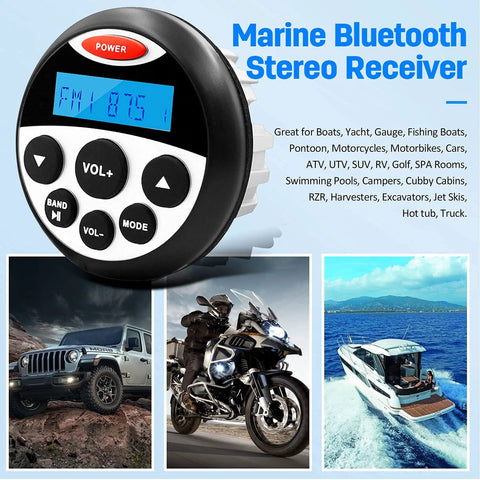 Deck Certified Marine Stereo Receiver With Bluetooth And Ip66 Waterproof Build Crank Up Your Jam With 180 Watt Max Amp Am Fm Tuner Usb Playback For Boats Atv Utl, showing control panel with blue display.