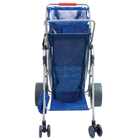 Back view of All-Terrain Foldable Beach And Utility Cart With 10 Inch Wheels, blue mesh design.