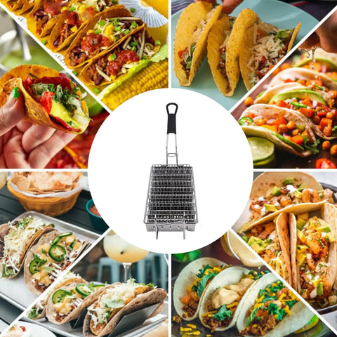 8 Shell Stainless Steel Taco Fryer Basket With V Shaped Holder And Grip Handle For Frying Restaurant Quality Crispy Taco Shells At Home Or In Your Kitchen centered among taco images.