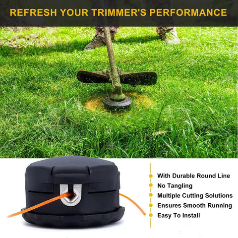 Trimmer Head Replaces Speed Feed 400 For Shindaiwa String Trimmers T230 T231 T242 T242X T2510 C230 C242 C2510 T195S T220 T222 T230S T2510X Weed Eater Now. Black trimmer head with orange line installed on grass with features listed.