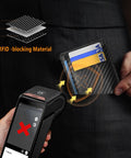 Front Pocket Minimalist Leather Wallet With RFID Blocking Carbon Fiber Texture Ultra Slim 0.12 Inch Thick Black Card Holder demonstration
