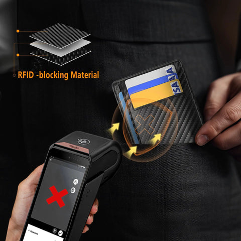 Front Pocket Minimalist Leather Wallet With RFID Blocking Carbon Fiber Texture Ultra Slim 0.12 Inch Thick Black Card Holder demonstration