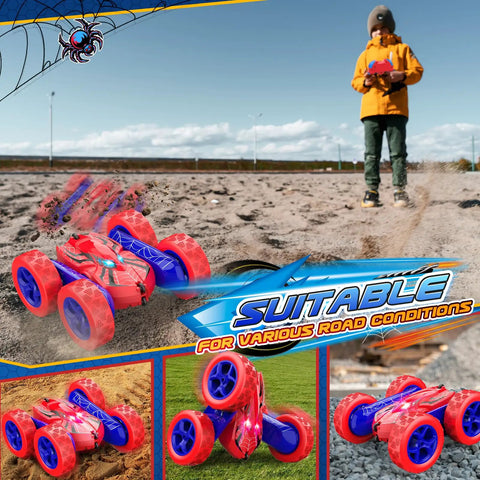4WD Remote Control Car For Kids With 360 Degree Flips, outdoors in action with child, suitable for various road conditions