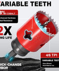 Bi Metal Hole Saw Kit For Metal And Wood, 16 Piece Deep Cut 48 Millimeter Set With Arbors In Solid Case, close-up of red hole saw.