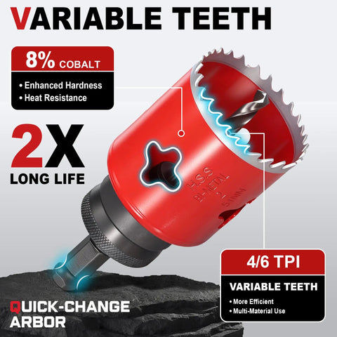 Bi Metal Hole Saw Kit For Metal And Wood, 16 Piece Deep Cut 48 Millimeter Set With Arbors In Solid Case, close-up of red hole saw.