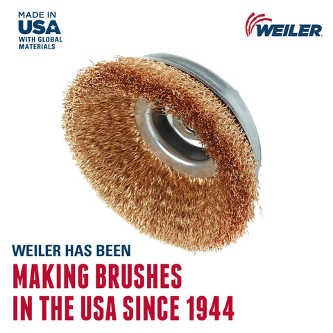 6 Inch Crimped Wire Cup Brush With Bronze Fill, Non-Sparking, 5/8 Inch 11 UNC Thread, Internal Steel Ring, USA Made