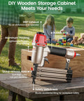 Heavy Duty 18 Gauge Pneumatic Brad Nailer Kit Includes Four Thousand Assorted Nails Job Site Ready Gear for crown molding, showing quick-release nose and rubber grip.