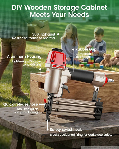 Heavy Duty 18 Gauge Pneumatic Brad Nailer Kit Includes Four Thousand Assorted Nails Job Site Ready Gear for crown molding, showing quick-release nose and rubber grip.