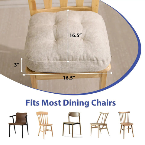 Memory Foam Dining Chair Cushions Set of 4, Tufted Indoor Chair Pads With Non Slip Ties, Ultra Comfy, Beige, 16.5 x 16.5 x 3.5 Inches