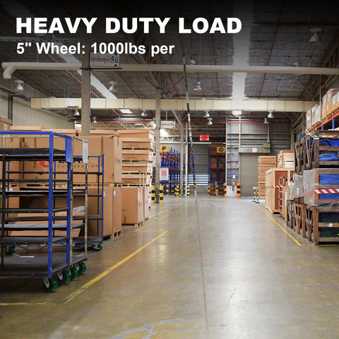 Warehouse with carts using 5 Inch By 2 Inch Heavy Duty Caster Wheels Set Of Four With Polyurethane On Cast Iron Wheel For Cart And Toolbox Industrial Grade Abrasion Resistant Shock Absorbing Green, for heavy loads.