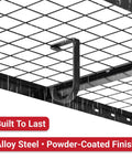 Close-up of a black steel hook on wire grid for garage storage. 4 Pack Add On Storage Flat Hooks For Garage Ceiling Rack And Wall Shelving System.