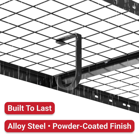 Close-up of a black steel hook on wire grid for garage storage. 4 Pack Add On Storage Flat Hooks For Garage Ceiling Rack And Wall Shelving System.