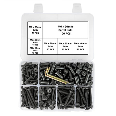 Built Different Black M6 Furniture Connector Bolts Assortment Kit with hex caps, barrel nuts, and drive tool in storage box.