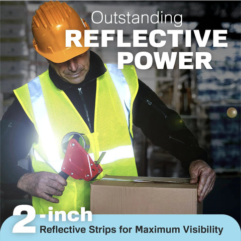 High Visibility Safety Vest Type R Class 2 Ansi Certified Lime Mesh With Secure Zipper And Inside Pocket Bulk Case Of 10 Crew Ready Construction Gear Built Tough For The Shift Straight Up Worker Essential worn by a worker in a warehouse.