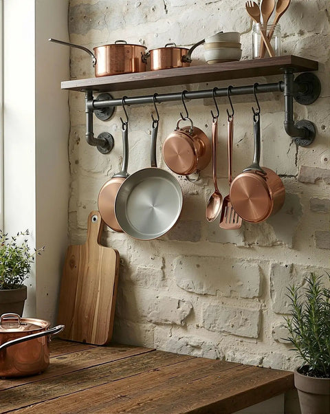 Kitchen with copper pots hanging on a shelf made from Three Quarter Inch Black Malleable Iron Pipe Nipples, Threaded On Both Ends, 18 Inch Length, DIY Steampunk Industrial Vintage Style Fittings, Ideal For Home Projects, 10 Pack.