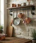 Kitchen shelf with hanging copper pots using Ten Pack Three Quarters Inch By Sixteen Inch Black Malleable Iron Pipe Nipples Fittings