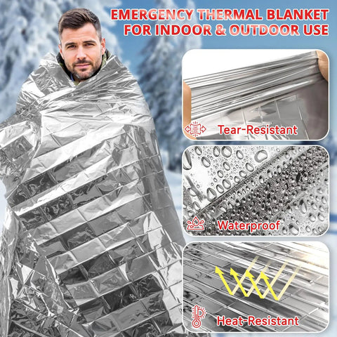 Extra Large 84 Inch By 63 Inch Thermal Mylar Emergency Blanket Kit for outdoor winter use with tear and heat-resistant features.