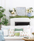 Coastal Patio Lumbar Pillow Cover 12x20 Inches Water Repellent Floral Pattern In Pink Green Baby Blue With Piping on white sofa
