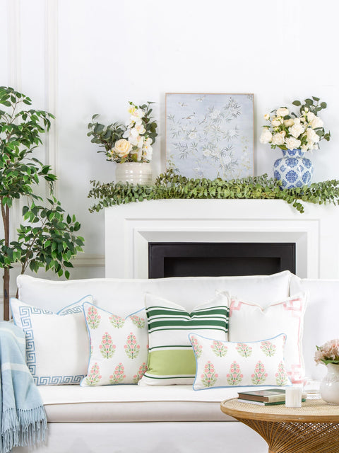 Coastal Patio Lumbar Pillow Cover 12x20 Inches Water Repellent Floral Pattern In Pink Green Baby Blue With Piping on white sofa