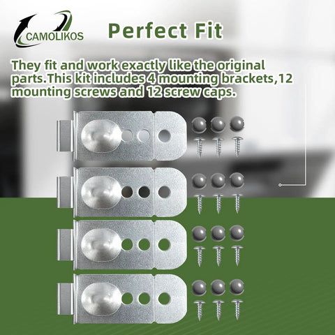 Four Piece Dishwasher Installation Bracket Kit With Thick Stainless Steel Construction, screws and caps shown