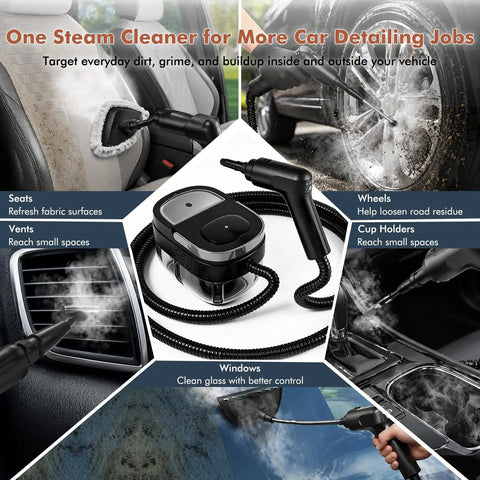 Heyvtoryin 2500W Steam Cleaner For Home With 1.6L Tank And Quick Heat Up To 3 Seconds, highlighting car detailing features for seats, vents, and windows.