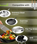 Stainless Steel Spatula Set 3 Piece For Griddle And BBQ with compatible cookware options including stainless steel and cast iron.