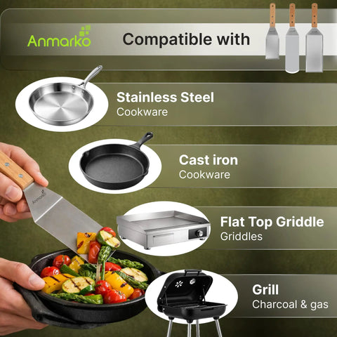 Stainless Steel Spatula Set 3 Piece For Griddle And BBQ with compatible cookware options including stainless steel and cast iron.