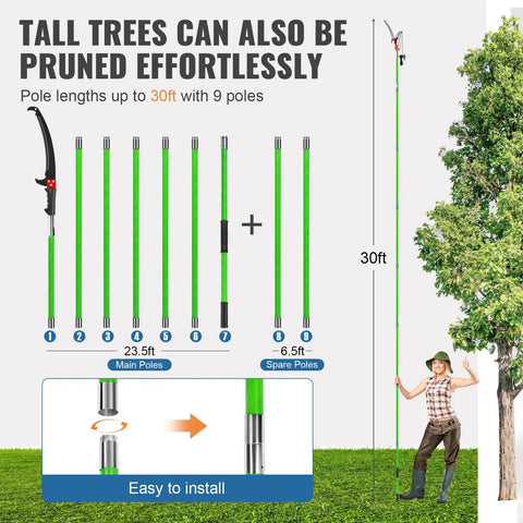 Extendable 30 Ft Manual Pole Saw Workhorse With Pruner Blade And Scissors Set Nine Fiberglass Poles For Tall Branches