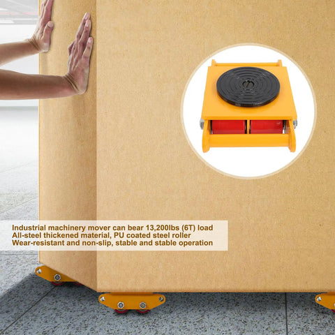 Close-up of rugged heavy duty machinery mover dolly for moving heavy equipment 6 ton load, all steel thickened build, orange