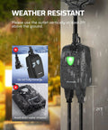 Outdoor Wireless Remote Control Outlet Power Strip Weatherproof Expandable Indoor Outdoor No Hassle Plug In Light Switch 15A 100 Ft Range 7 Inch Extension Cord ETL Listed installed on wall showing weather resistance