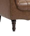 Close-up of Faux Leather Accent Chairs Set Of 2 For Living Room And Bedroom with button tufting, brown upholstery, and wood leg.