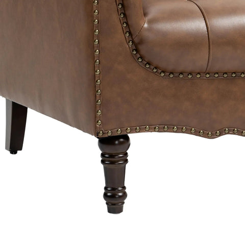 Close-up of Faux Leather Accent Chairs Set Of 2 For Living Room And Bedroom with button tufting, brown upholstery, and wood leg.