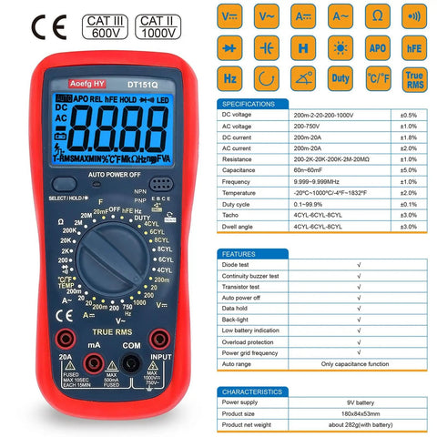 Heavy Duty Automotive Multimeter Featuring True Rms Accuracy And Cat Iii 600V Safety showing features and specifications on display.