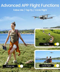 Woman using Go-To Pocket Sized Drone With 4K Camera Under 250g For Beginners, FPV RC Quadcopter with Follow Me function near lake