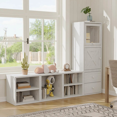 Stackable Cube Storage Organizer For Home And Office DIY Modular Shelving Cubes in white washed finish by a window with decor.