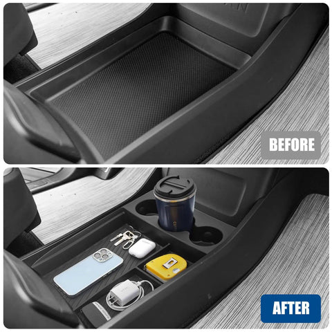 Before and after installation of Lower Center Console Organizer for 2022 2026 Rivian R1T and R1S Custom Fit Floor Console Tray With Cup Holder Extra Bottle Slots Easy Access Storage Insert Practical Car Accessories showing organized compartments with items.