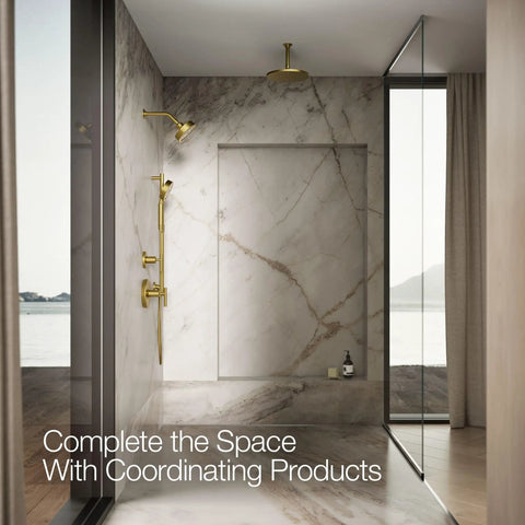 Luxury bathroom with Purist Four Function Handshower With Handheld Sprayhead Three Modes, brass finish.